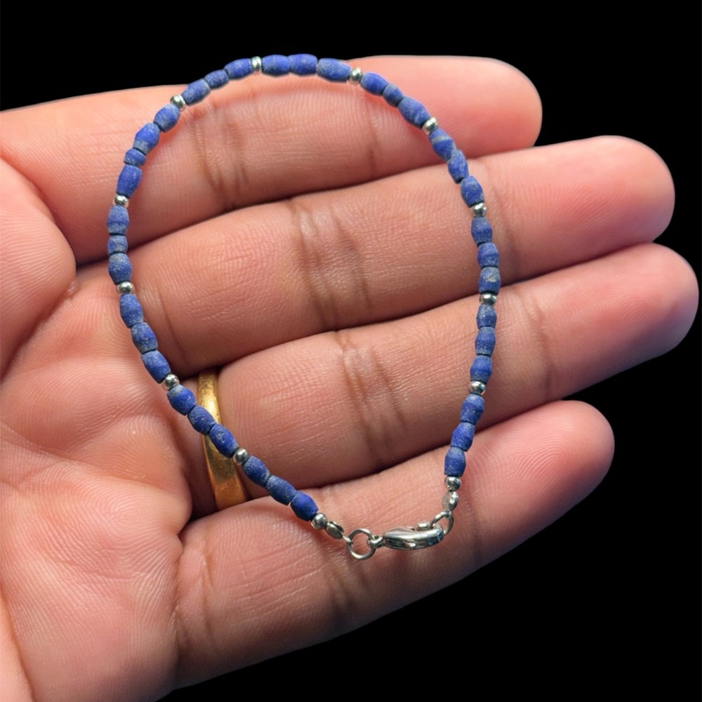 Lapis Lazuli Beaded Bracelet 925 Sterling Silver 7 Inch Handmade